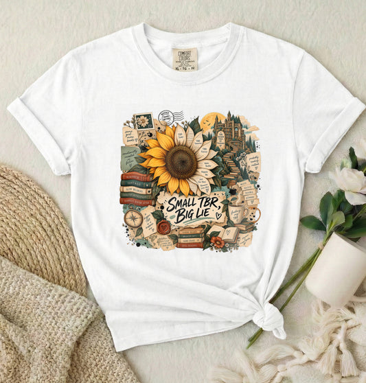 T-Shirt — 'Small TBR, Big Lie' Sunflower Booklover Graphic Tee