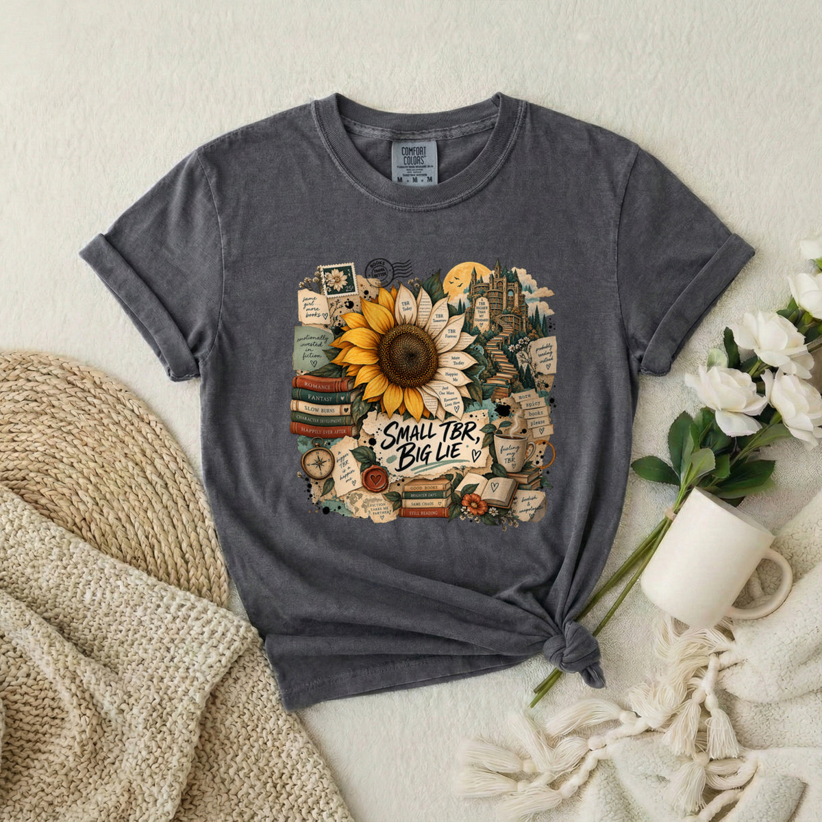 T-Shirt — 'Small TBR, Big Lie' Sunflower Booklover Graphic Tee