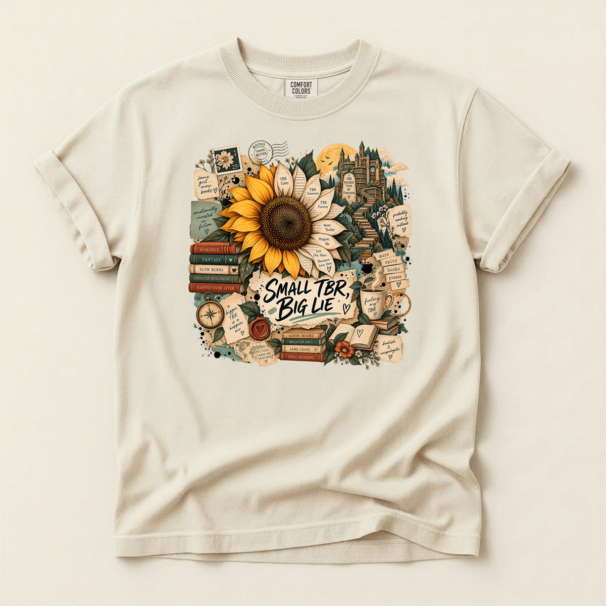 T-Shirt — 'Small TBR, Big Lie' Sunflower Booklover Graphic Tee