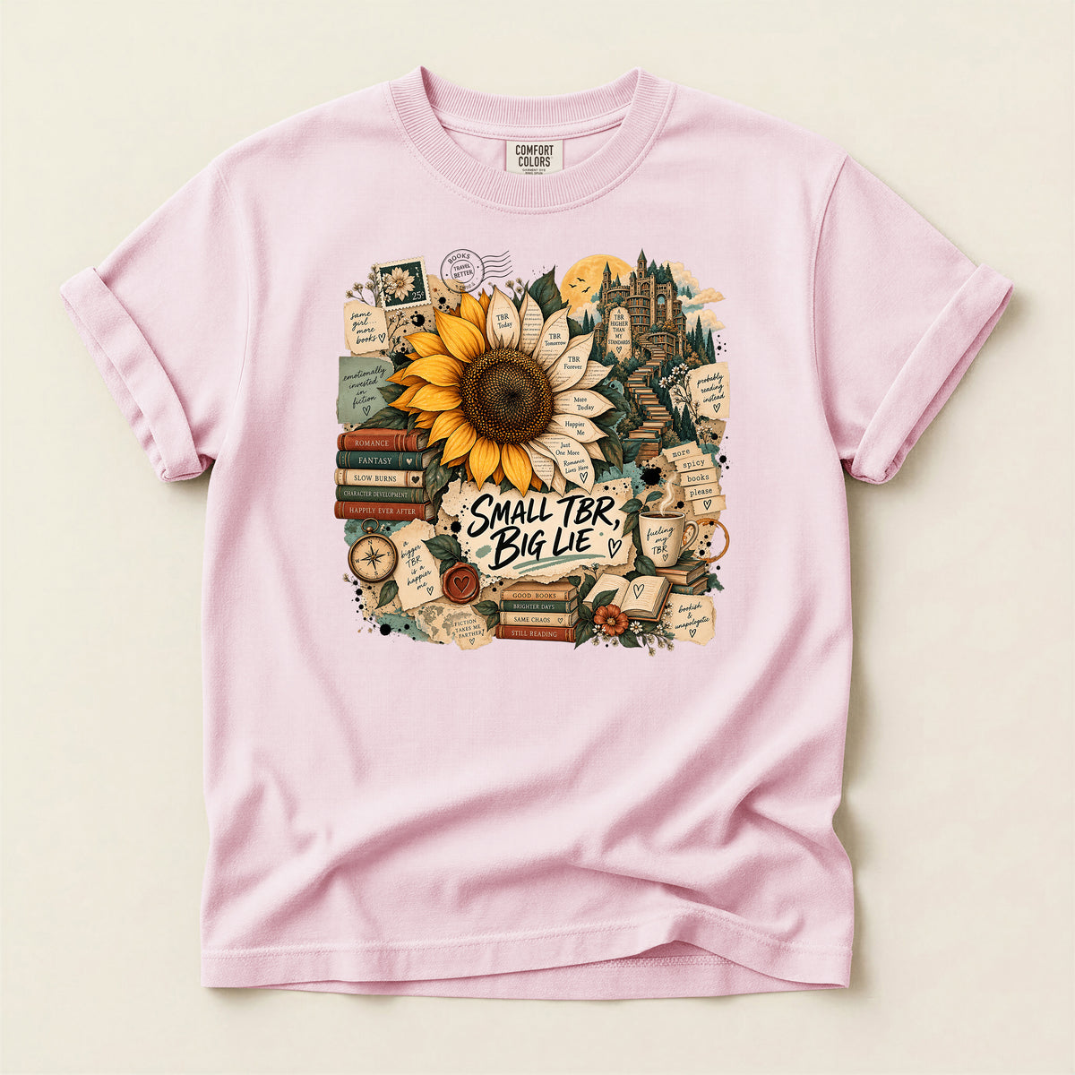 T-Shirt — 'Small TBR, Big Lie' Sunflower Booklover Graphic Tee