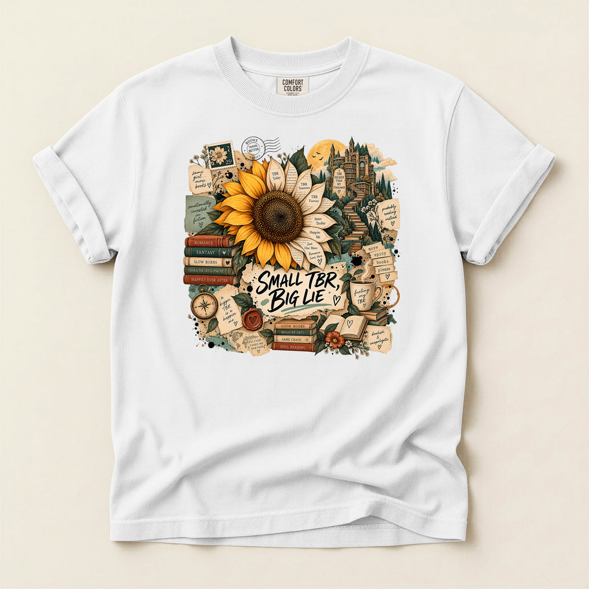 T-Shirt — 'Small TBR, Big Lie' Sunflower Booklover Graphic Tee