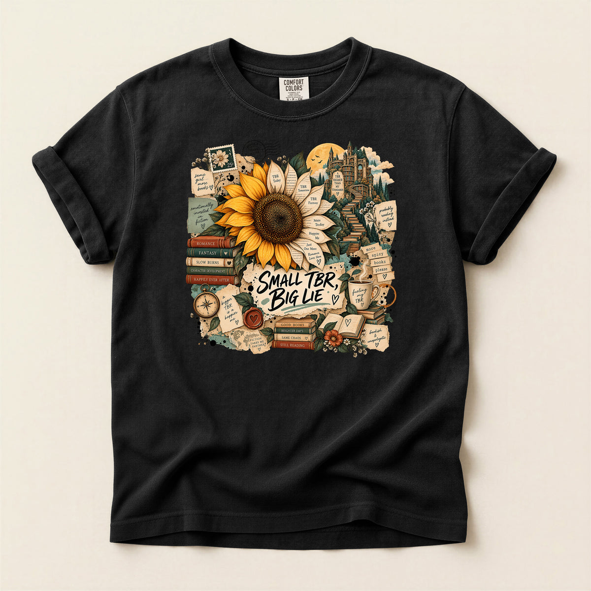 T-Shirt — 'Small TBR, Big Lie' Sunflower Booklover Graphic Tee