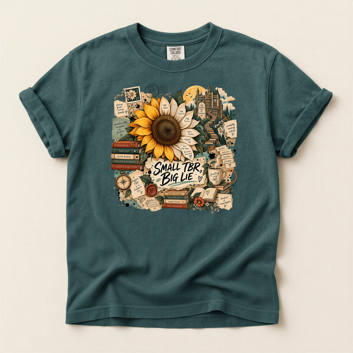 T-Shirt — 'Small TBR, Big Lie' Sunflower Booklover Graphic Tee