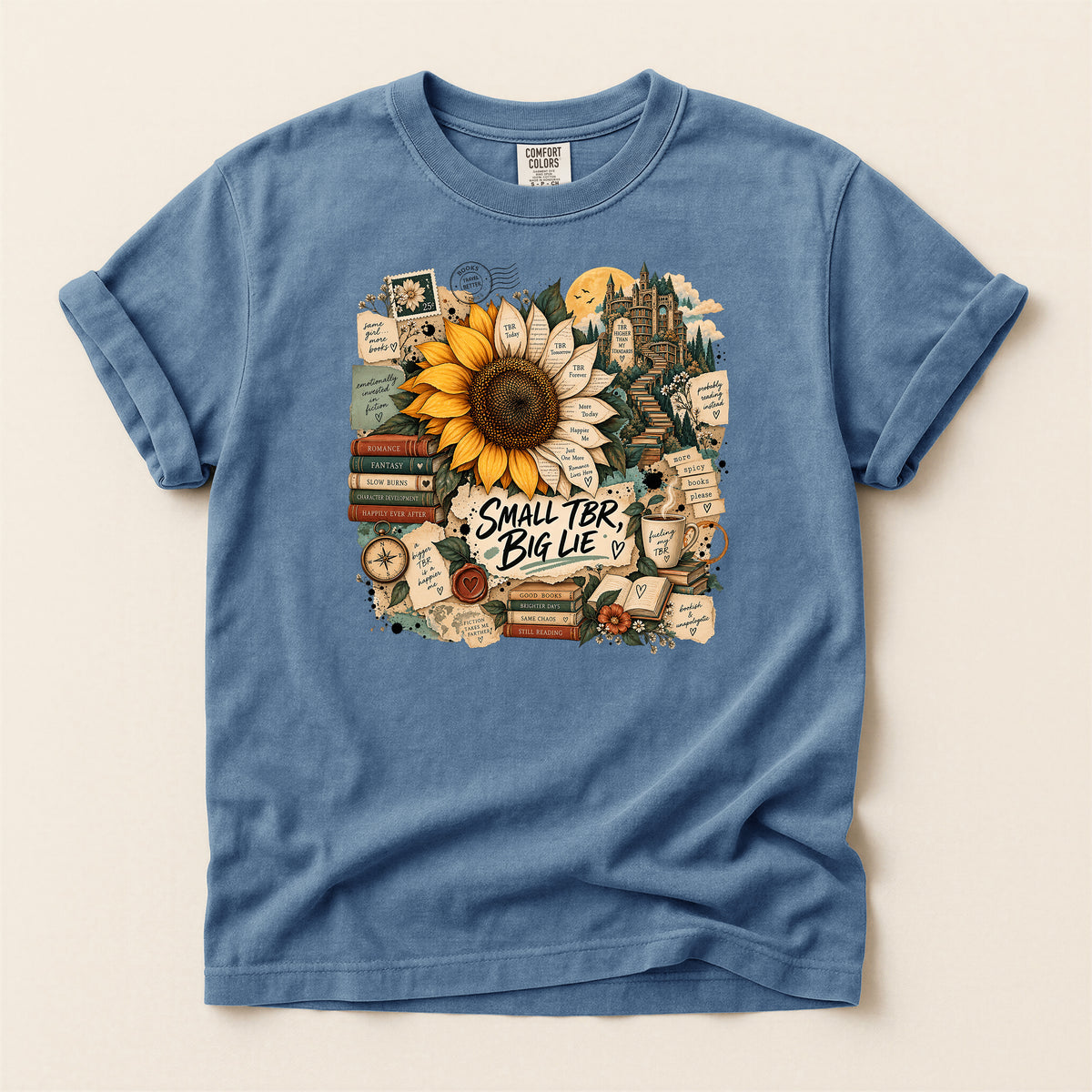 T-Shirt — 'Small TBR, Big Lie' Sunflower Booklover Graphic Tee