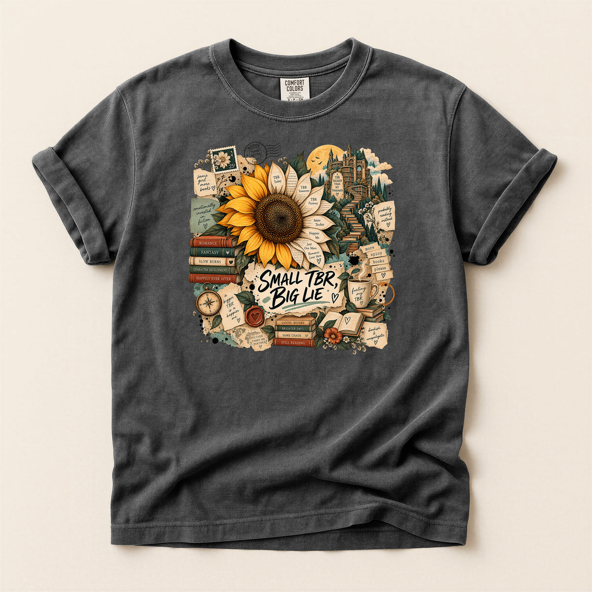 T-Shirt — 'Small TBR, Big Lie' Sunflower Booklover Graphic Tee