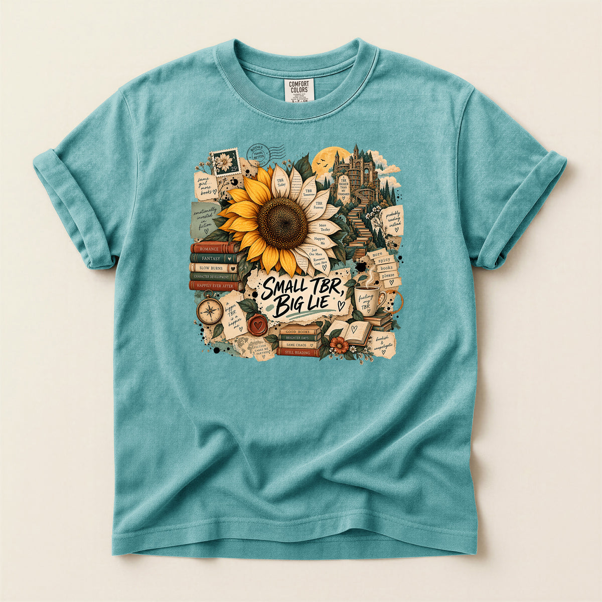 T-Shirt — 'Small TBR, Big Lie' Sunflower Booklover Graphic Tee