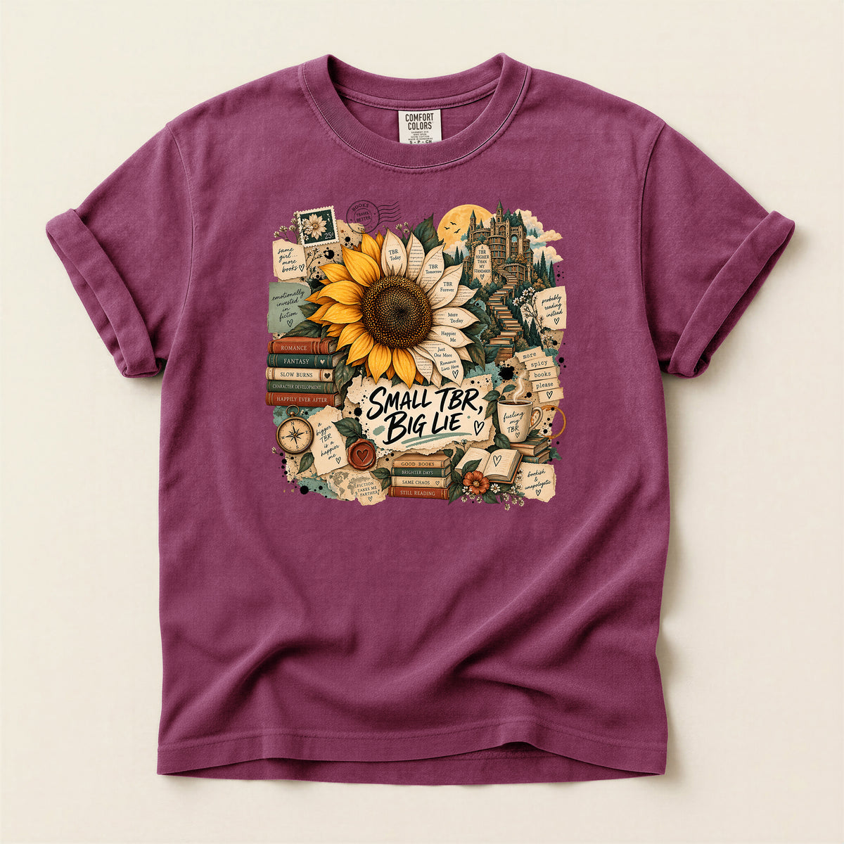 T-Shirt — 'Small TBR, Big Lie' Sunflower Booklover Graphic Tee