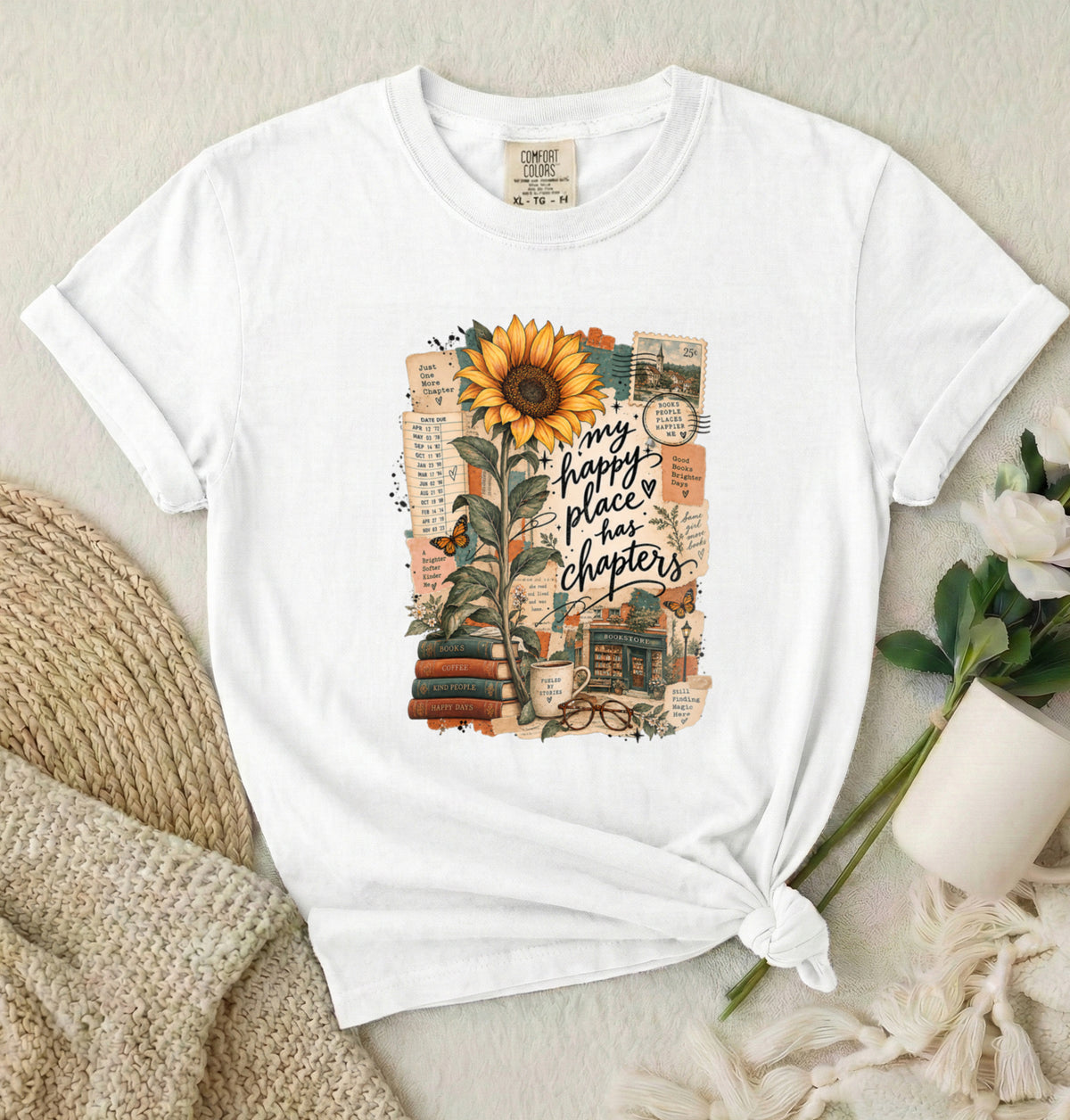 Happy Place T-Shirt – Inspirational Sunflower Book Lover Design