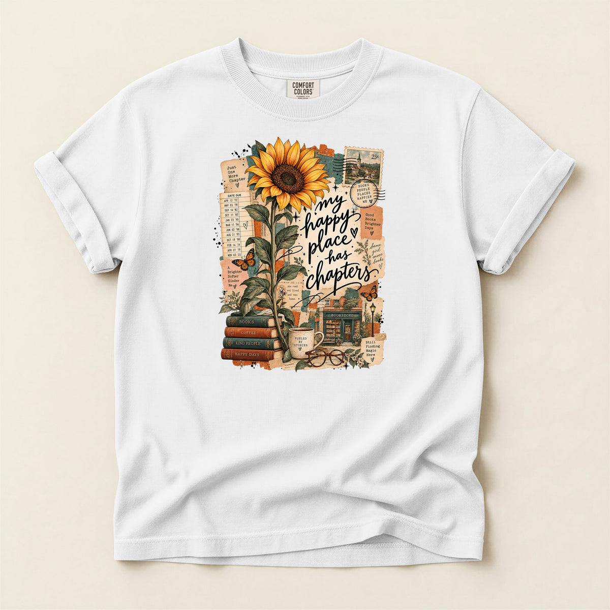 Happy Place T-Shirt – Inspirational Sunflower Book Lover Design