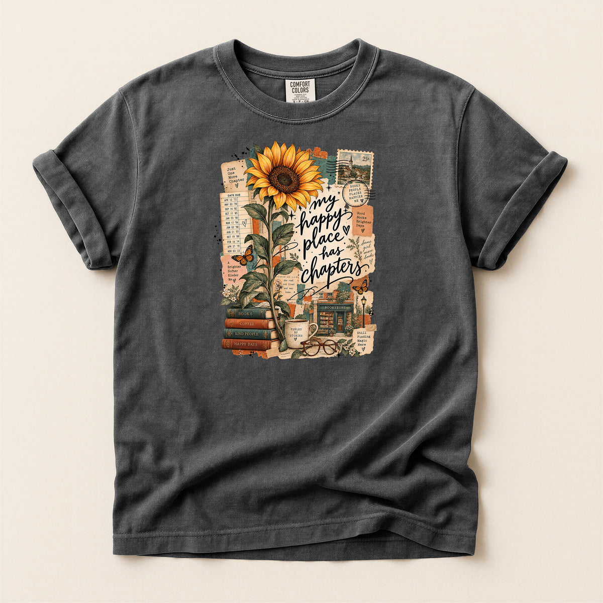 Happy Place T-Shirt – Inspirational Sunflower Book Lover Design