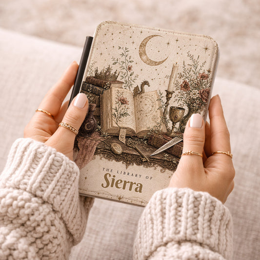 Vintage Bookish Kindle Case — "The Library of [Name]" Personalized E-Reader Cover