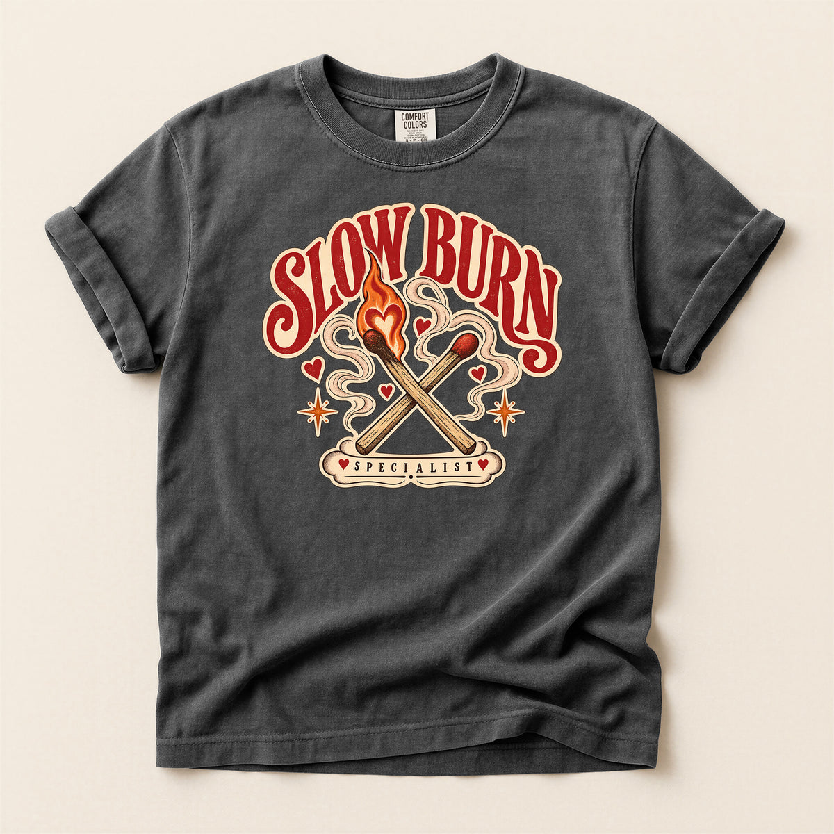 Slow Burn Graphic T-Shirt — Retro Matchstick Flame Design