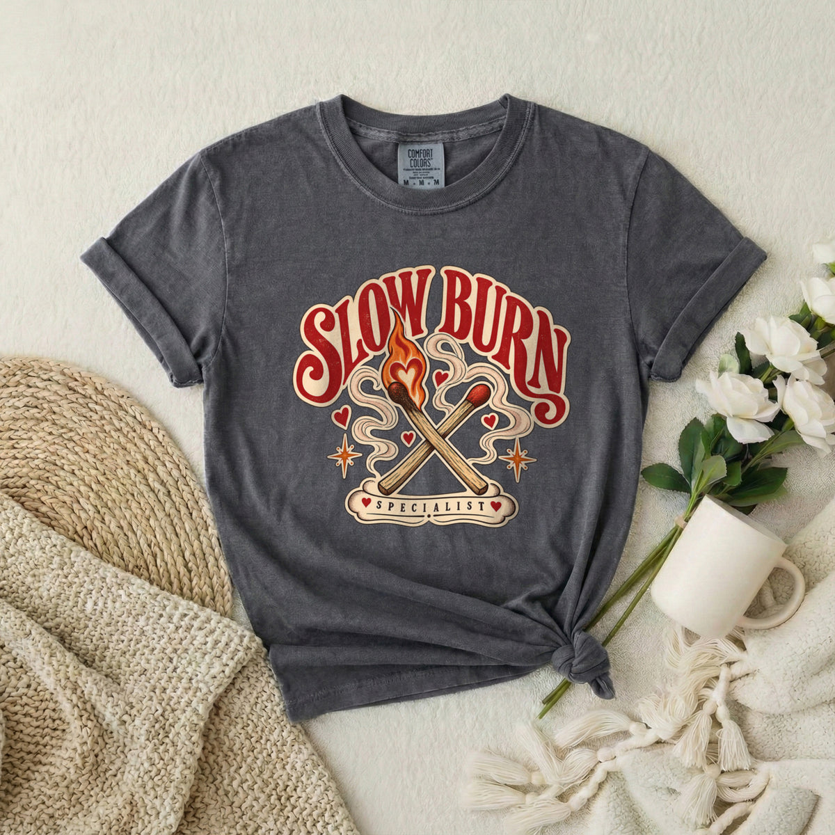 Slow Burn Graphic T-Shirt — Retro Matchstick Flame Design
