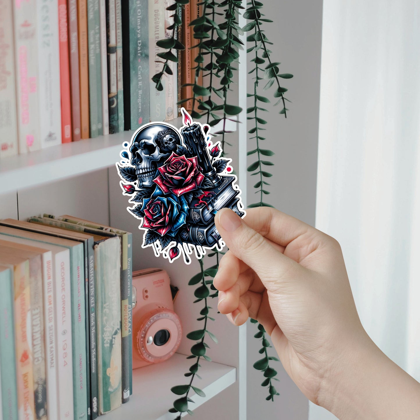 Gothic Skull & Roses Kiss-Cut Sticker — Candle, Books, Dark Tattoo Art