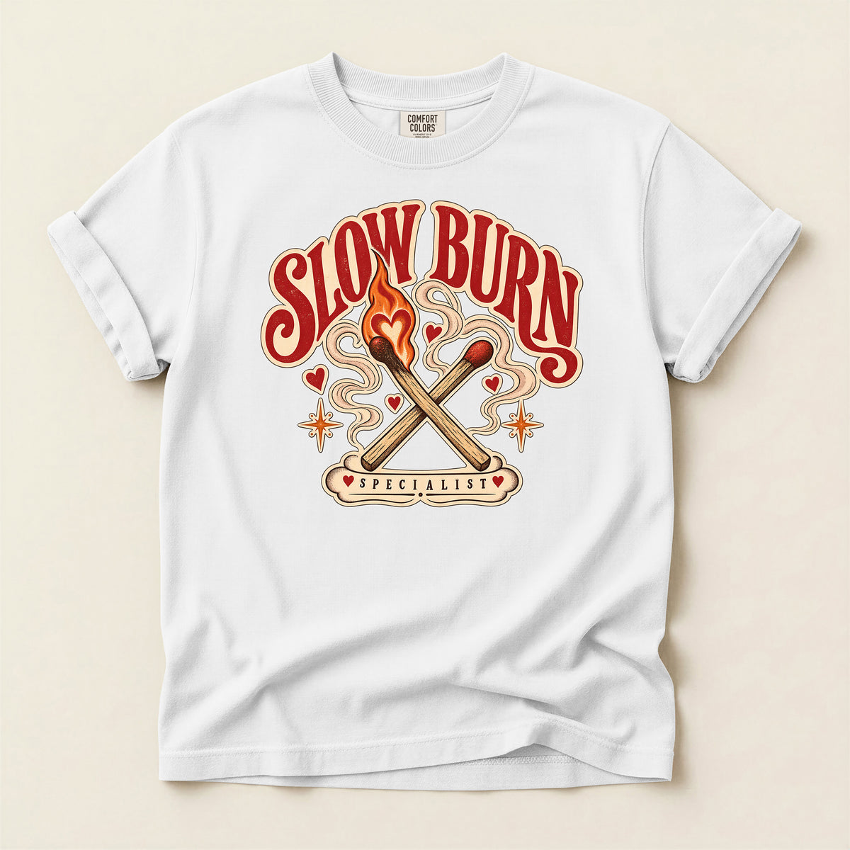 Slow Burn Graphic T-Shirt — Retro Matchstick Flame Design