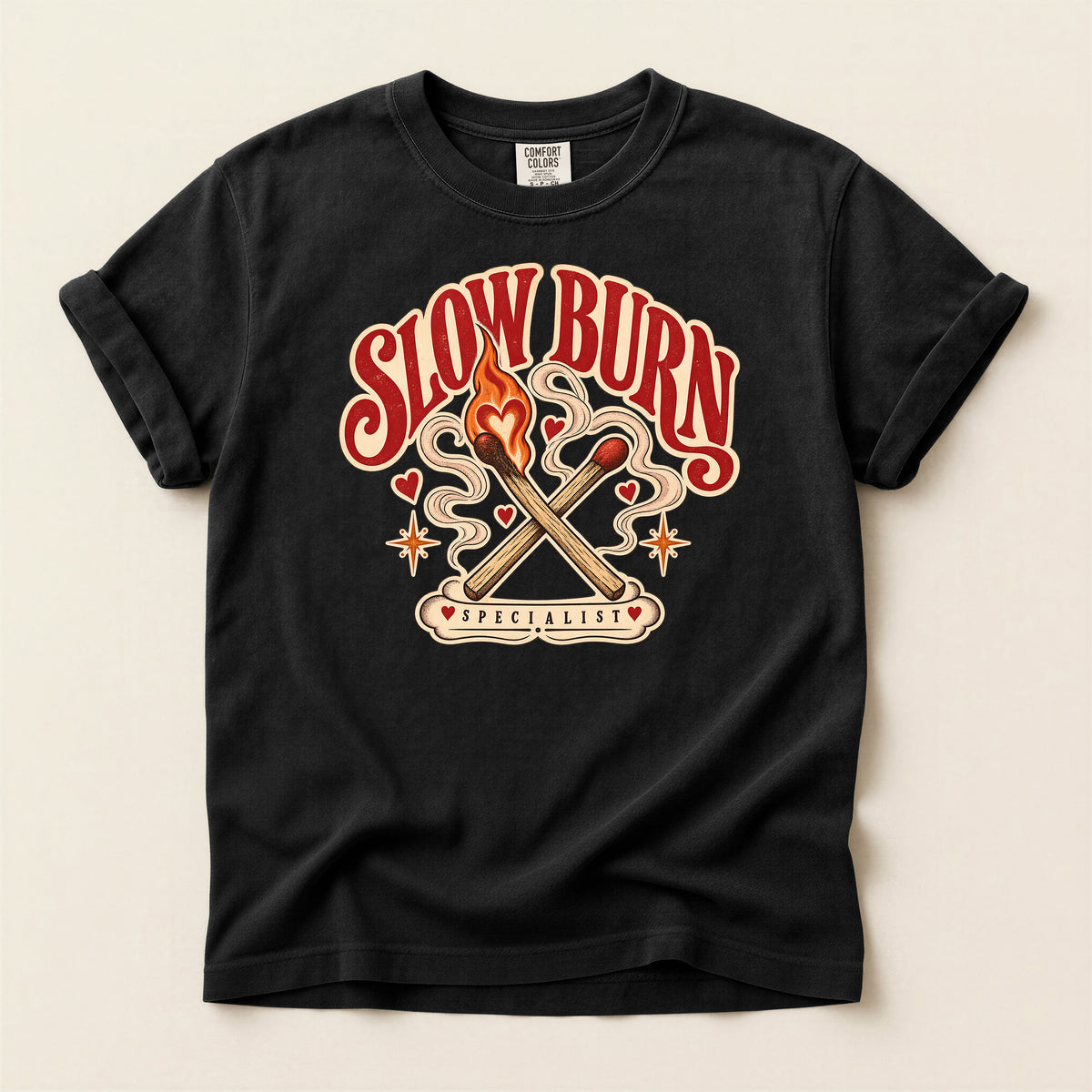 Slow Burn Graphic T-Shirt — Retro Matchstick Flame Design