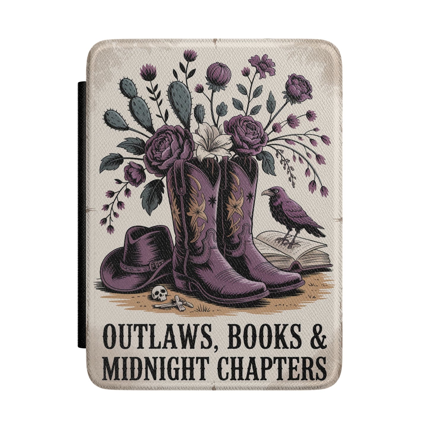 Kindle Case with purple boots, flowers, and a hat on a white background