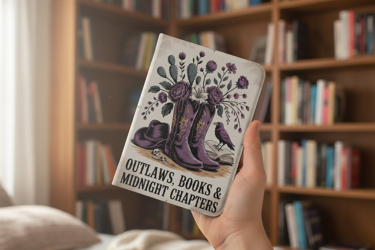 Hand holding a Kindle with a floral design and text 'Outlaws, Books & Midnight Chapters' in front of a bookshelf.